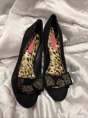 Betsey Johnson Black Peep-Toe Heels with Gold Stud Bow